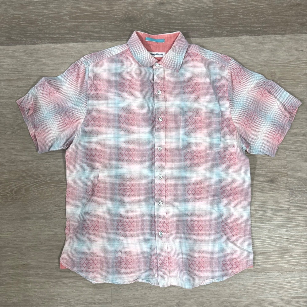 Tommy Bahama Button Up Shirt Mens Medium Pink Linen Blend Short Sleeve T322514